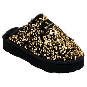 Bearpaw Black With Gold Sequin NITB mule shoe w/wool interior and suede leather…